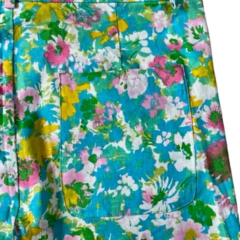 Zara NWT Printed Linen Blend Flared Trousers Green Blue Pink Floral Print Size 4